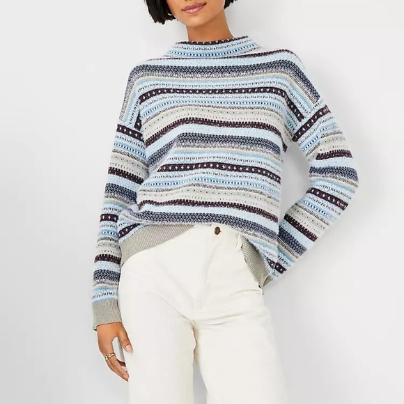 Ann Taylor Multicolor Sparkle Fair Isle Funnel Neck Sweater Metallic Cabincore - Picture 3 of 9